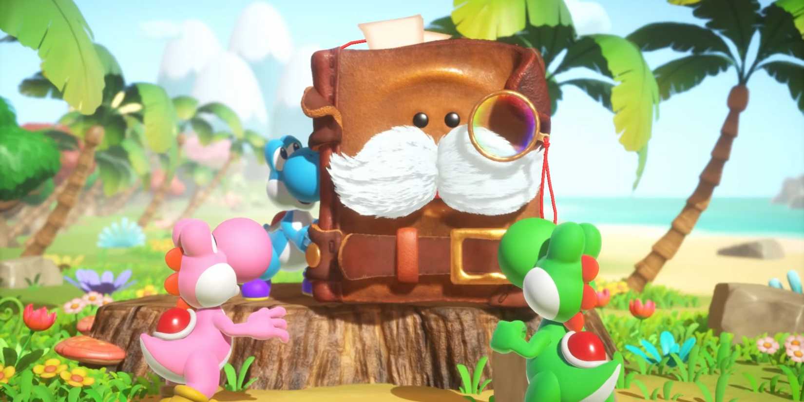 three yoshis around a large book with a mustache in Yoshi and the Mysterious Book