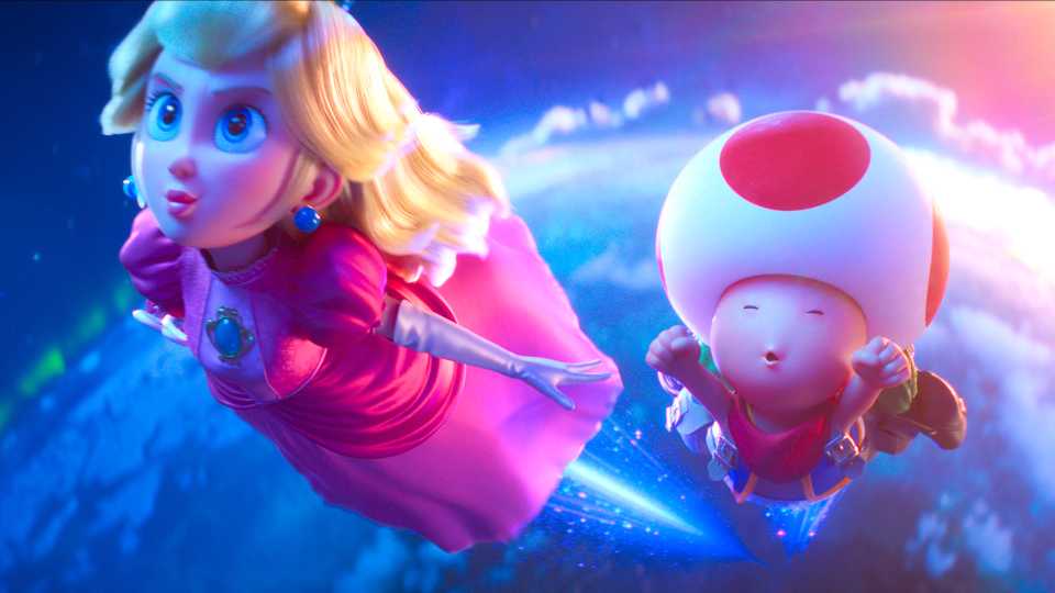 Toad and Princess Peach soaring through the sky in The Super Mario Galaxy Movie
