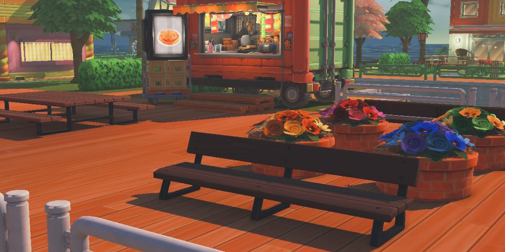 Tomodachi Life pier with marketplace and benches