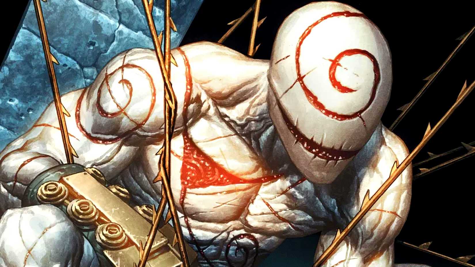 Torment smiles while tangled in golden webs in Marvel Comics art