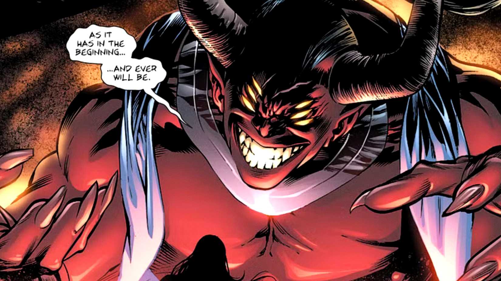 Trigon smiles and threatens mortals in DC Comics