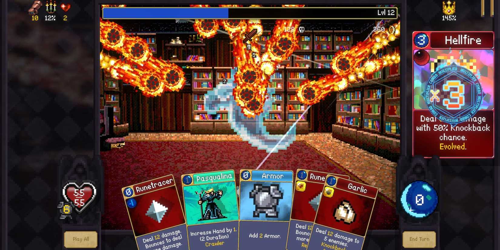 The player uses the Hellfire card to launch fireballs at the enemy in Vampire Crawlers.