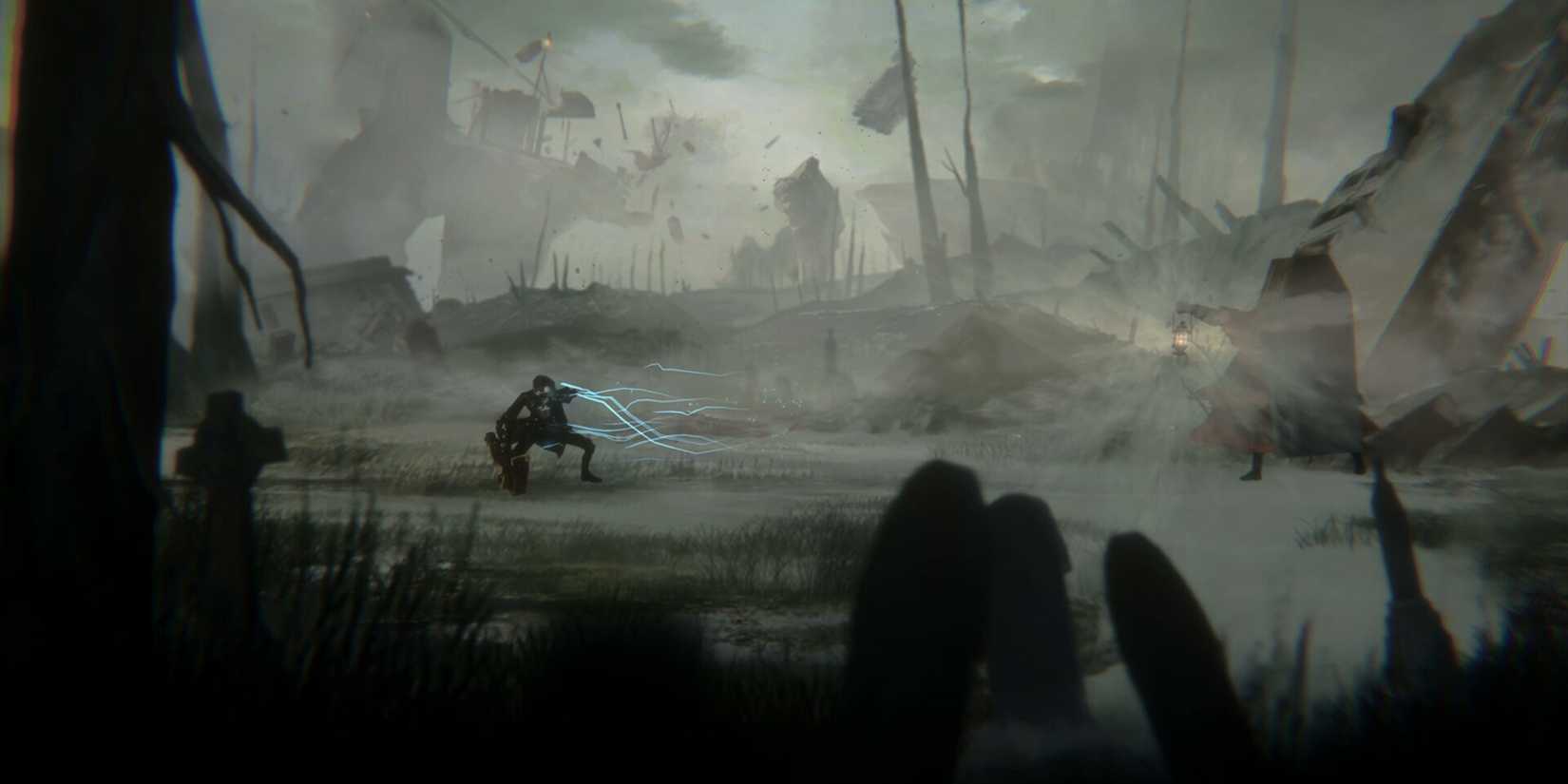 A player character fights an enemy among ruins in Vapor World.