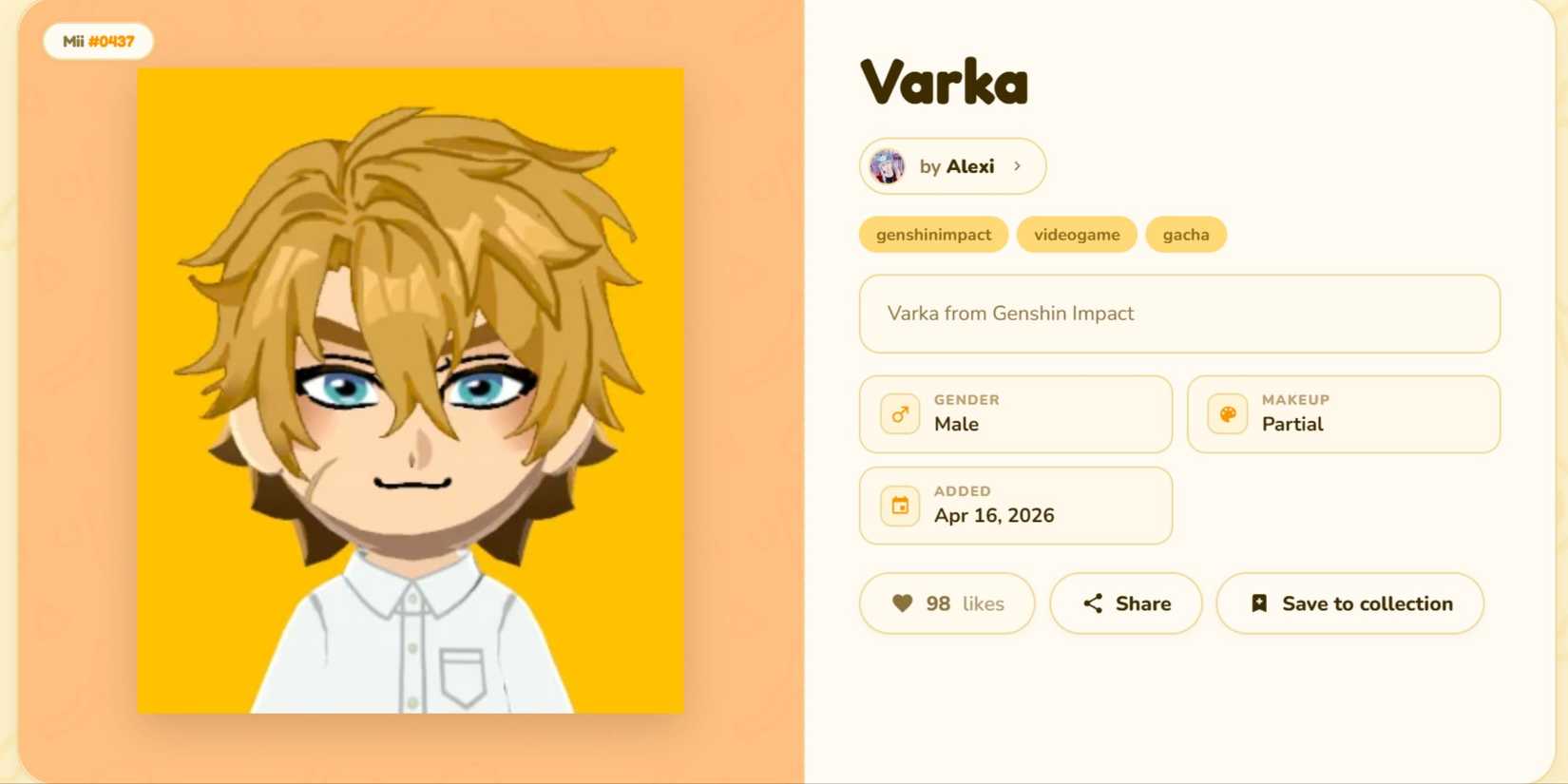 Varka from Genshin Impact in Tomodachi Life made by Alexi