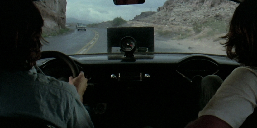 A shot of the windshield in Two-Lane Blacktop