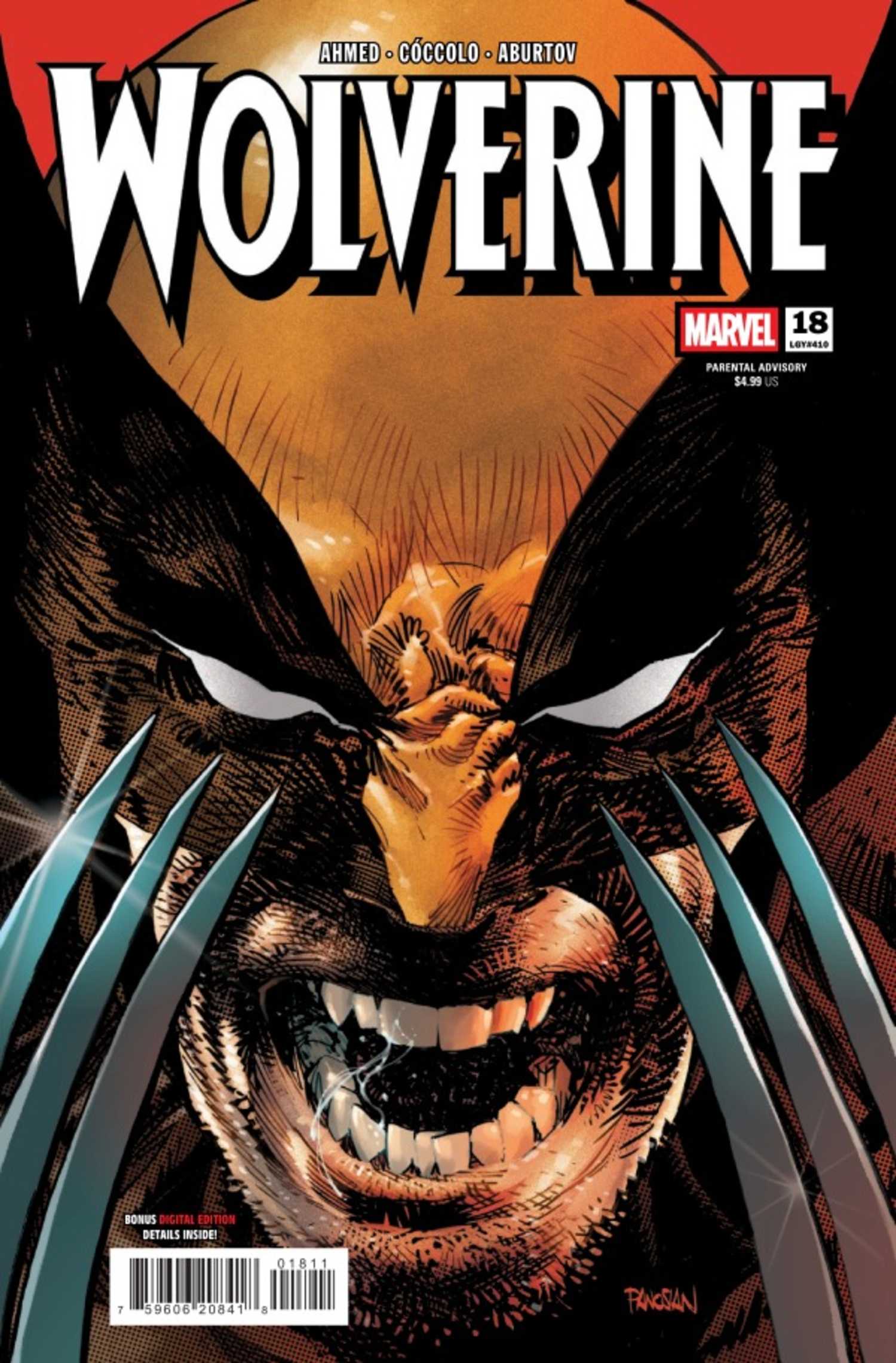 Wolverine #18 cover, extreme close up of Logan snarling with his claws popped