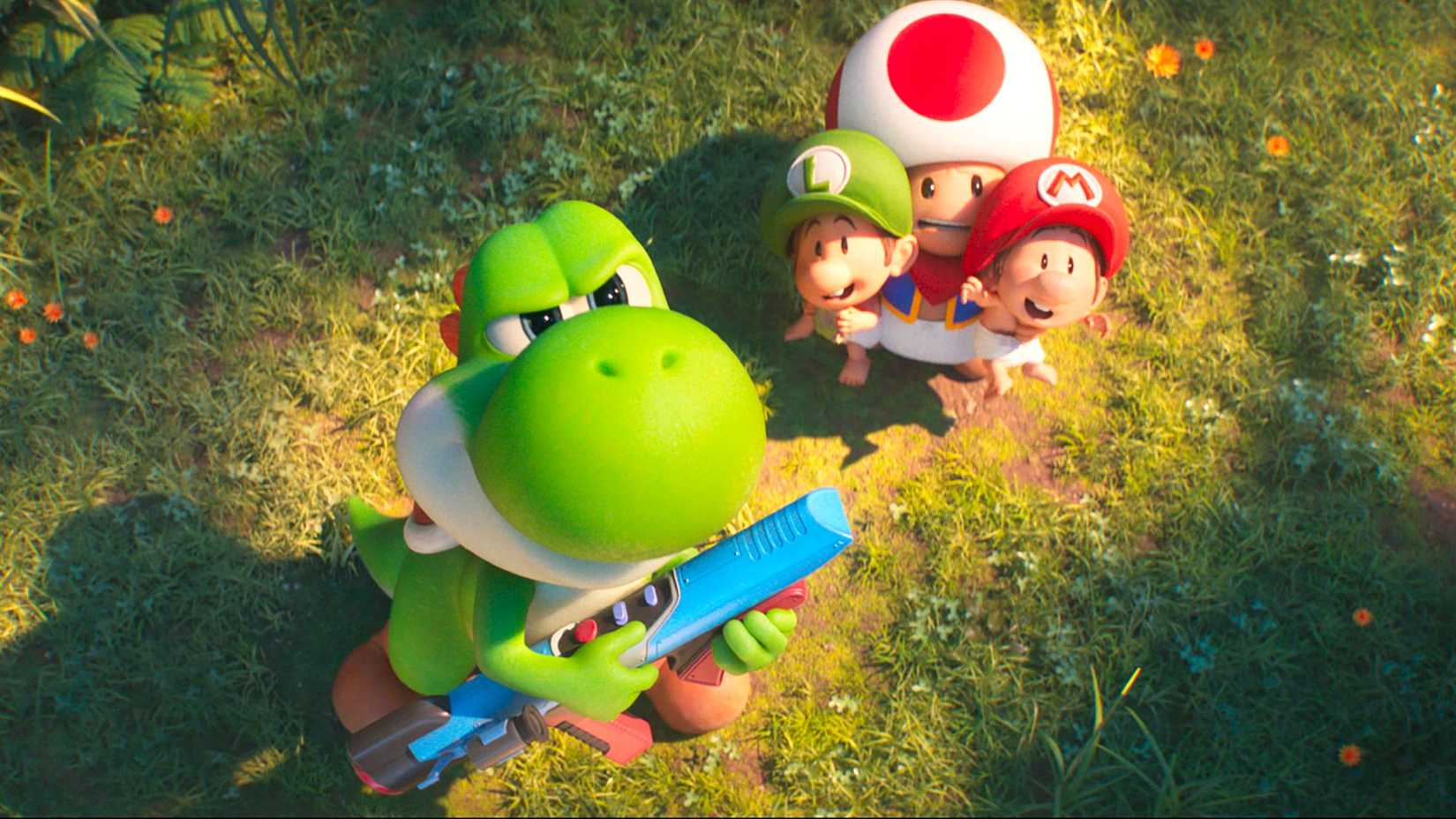 Yoshi looking confidently upward while Toad holds Baby Mario and Luigi in The Super Mario Galaxy Movie