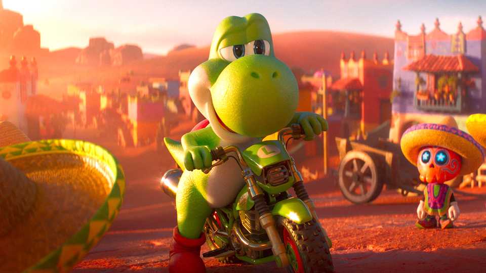 Yoshi looking confidently while sitting on Luigi's motorcycle in The Super Mario Galaxy Movie