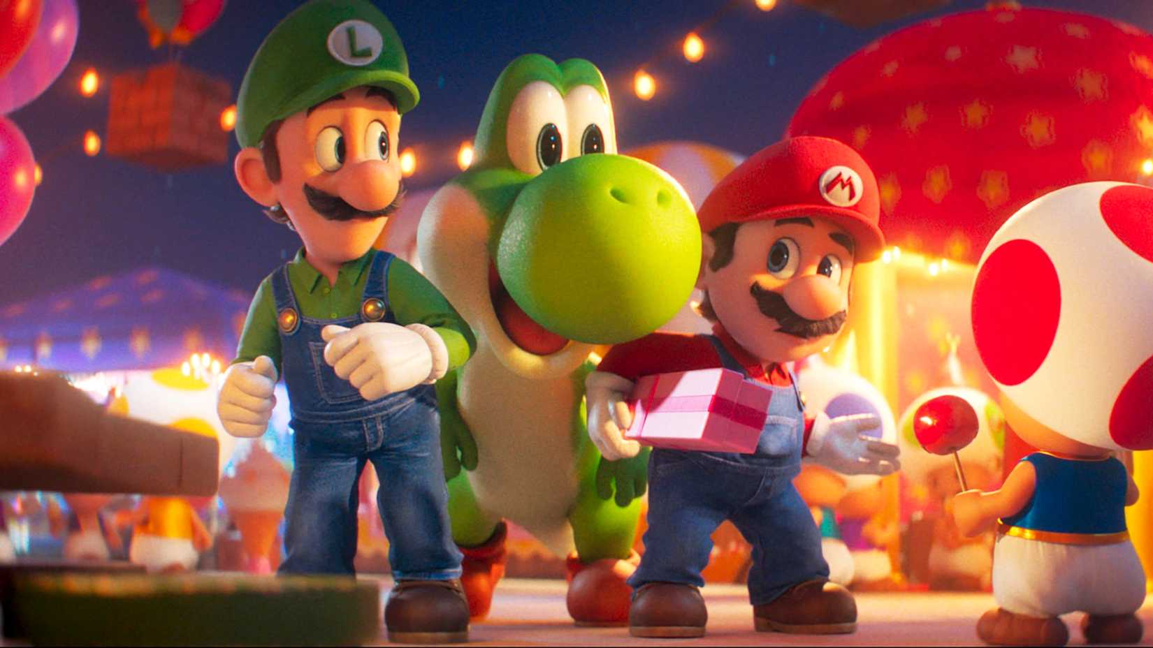Yoshi observa Mario e Luigi em cena de The Super Mario Galaxy Movie