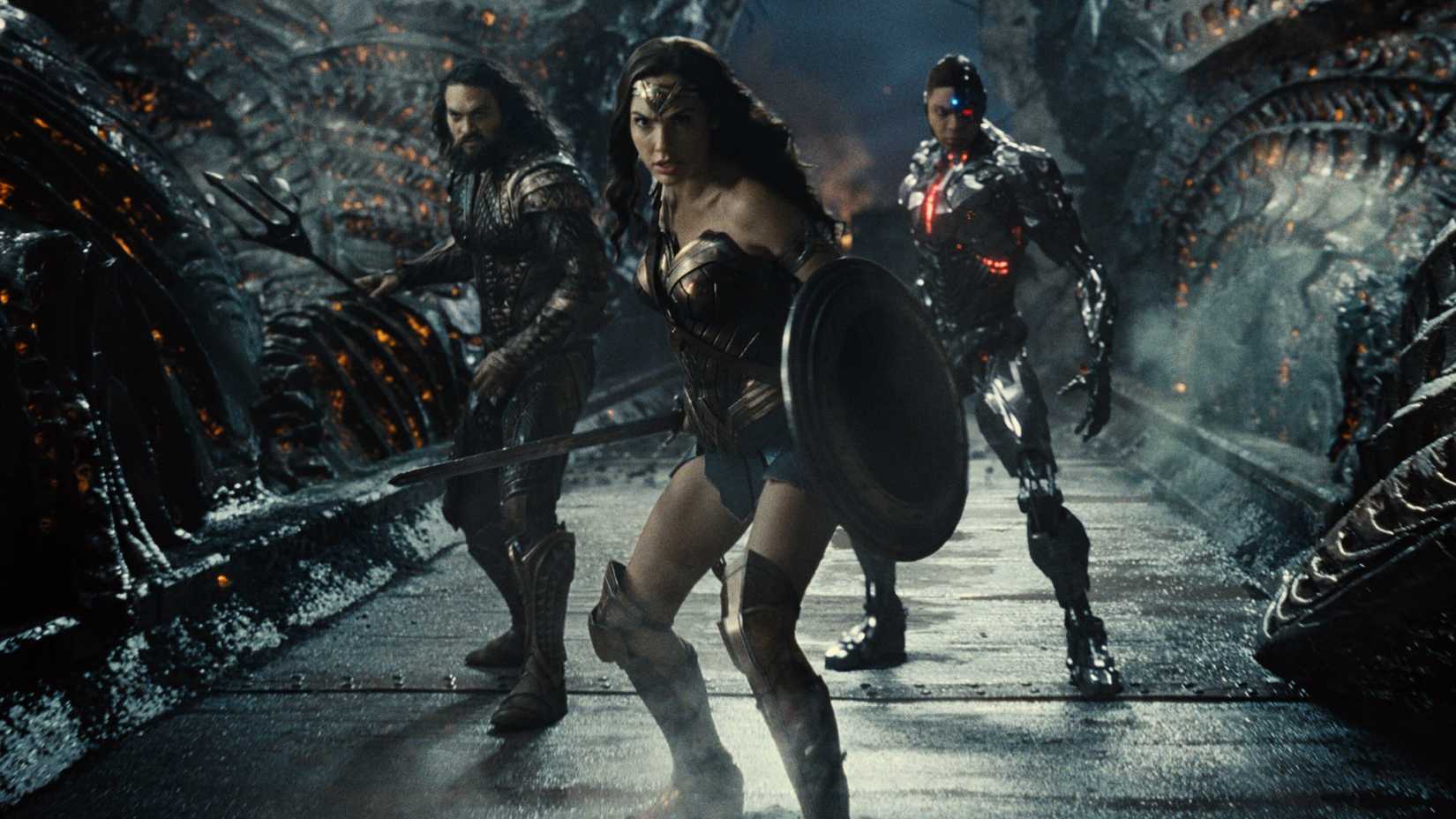 Aquaman, Mulher-Maravilha e Cyborg em Liga da Justiça de Zack Snyder
