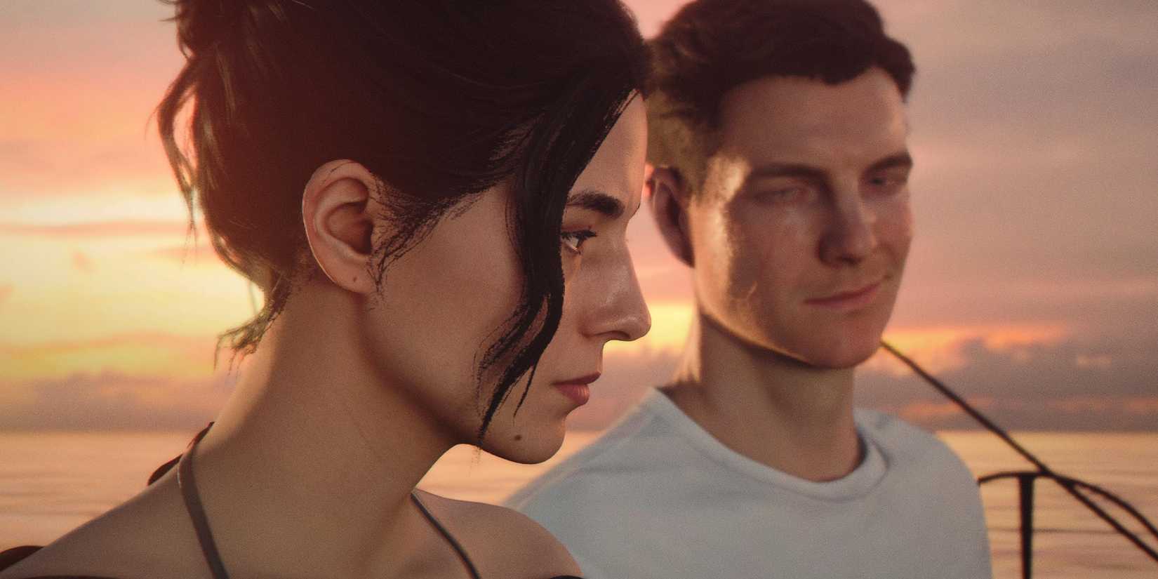 Bond and Isola talking on a boat in 007 First Light. The setting sun makes the sky over an open ocean bright orange and yellow.