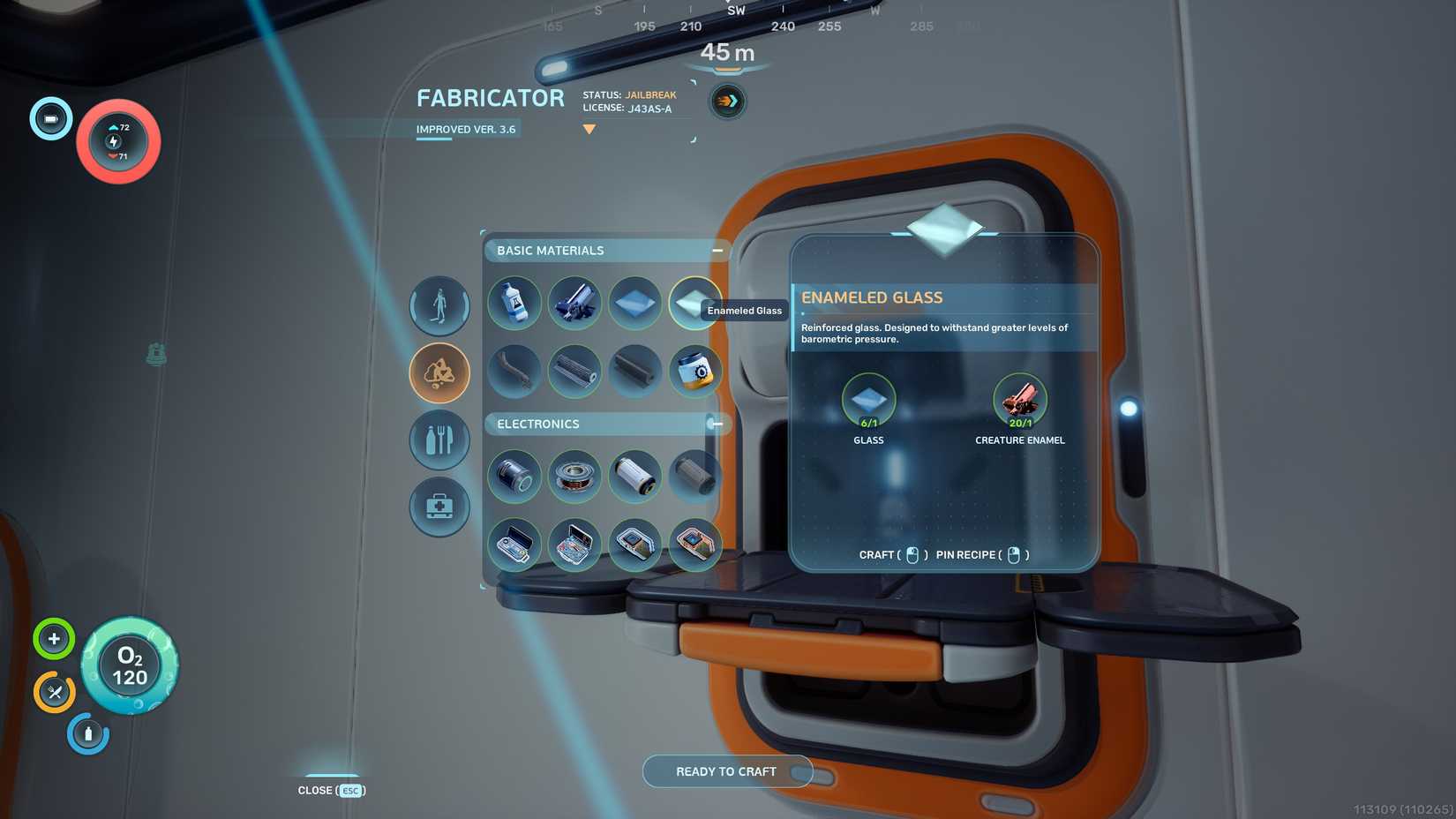 A player at a Fabricator inspects the crafting recipe for Enameled Glass in Subnautica 2