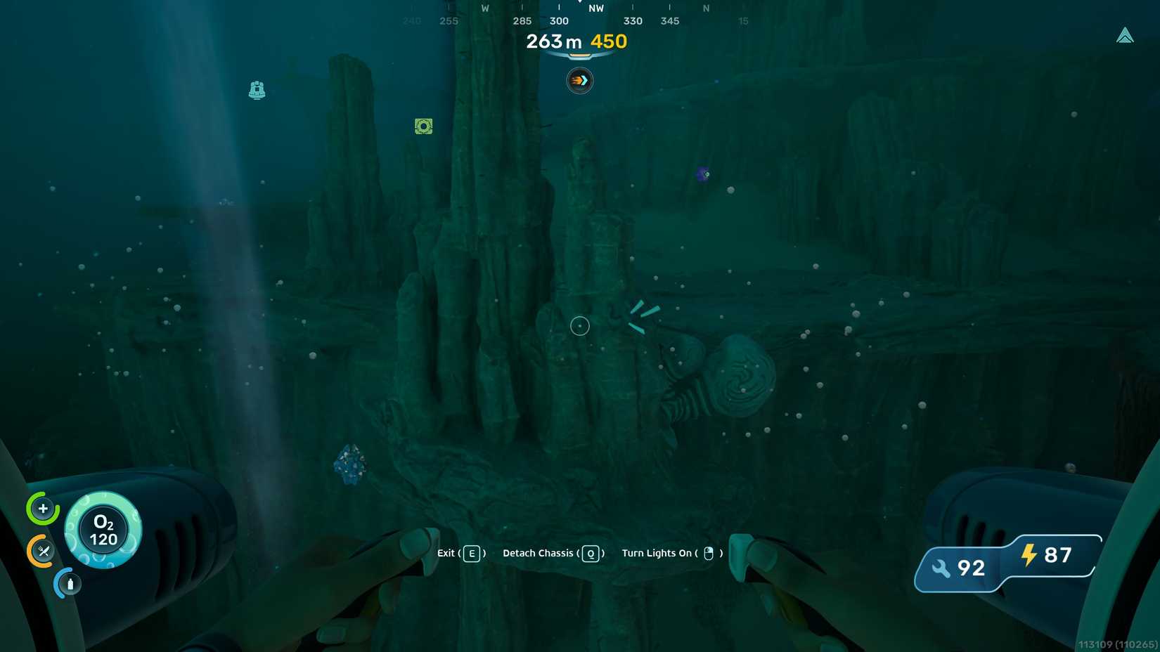 A player driving a Tadpole approaches a rocky outcropping with an Enameled Husk in their sights in Subnautica 2