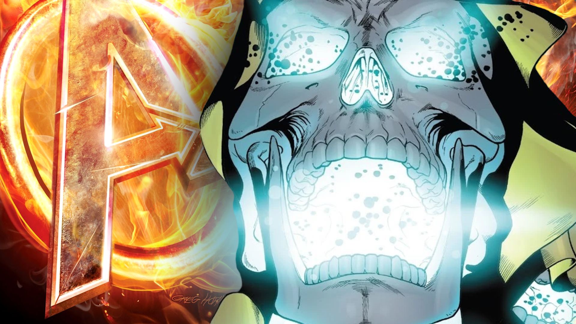 a screaming skull and the avengers logo on fire