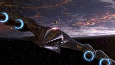A ship in front of Coruscant in Attack of the Clones