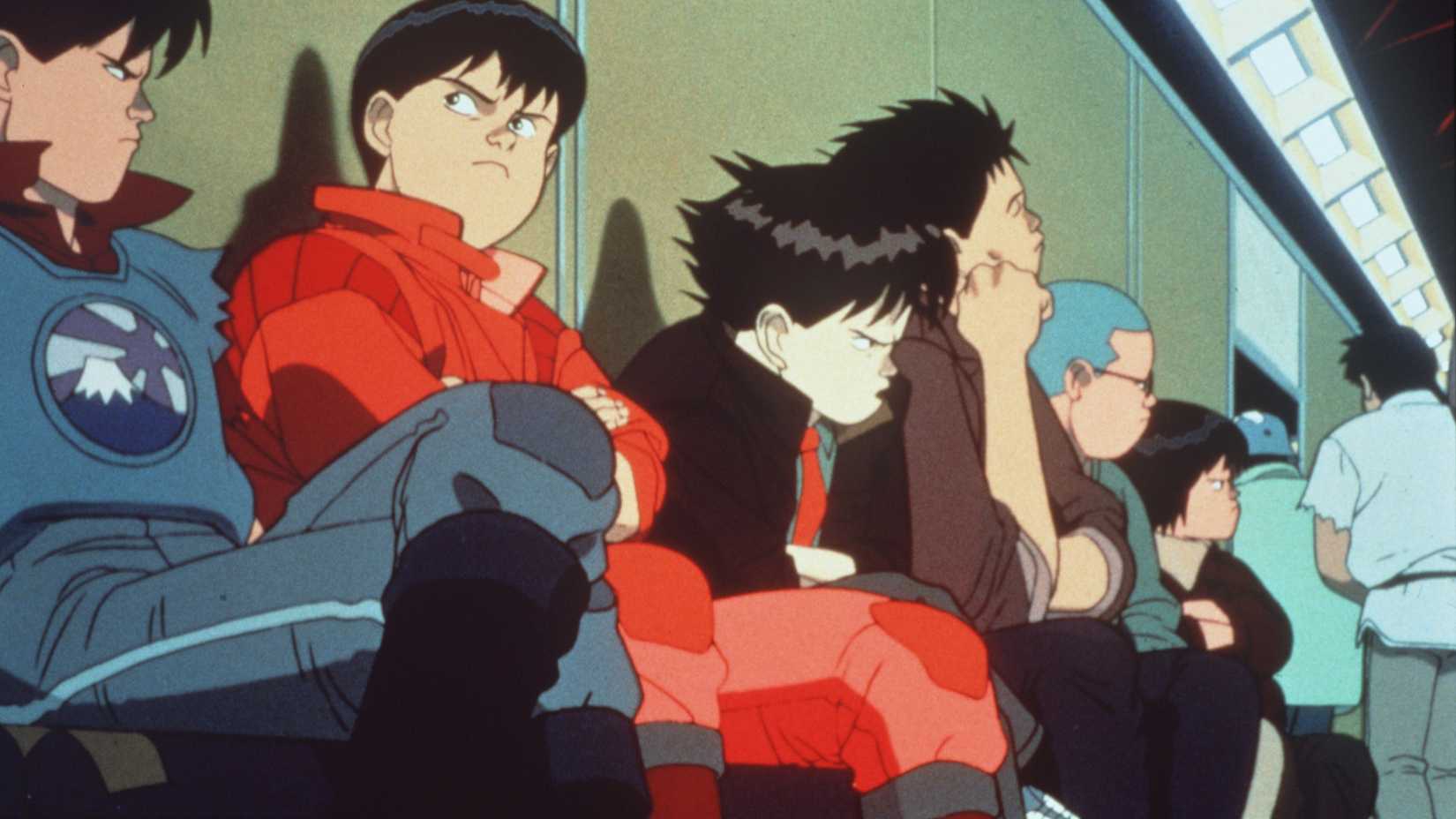Teen characters sit in a row looking angry in Akira