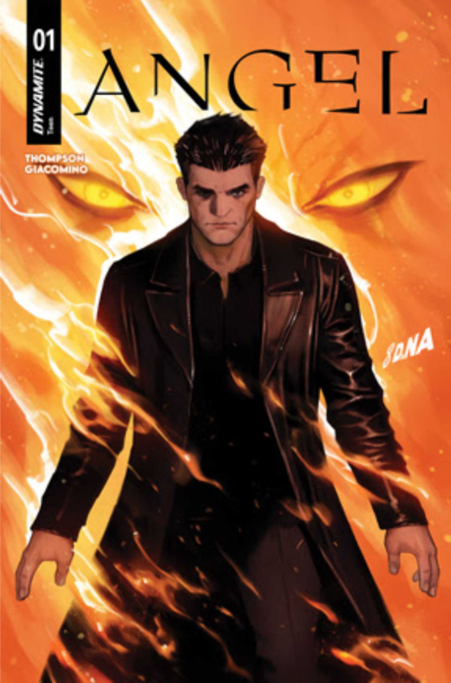 Angel stands, wreathed in flames with a pair of menacing eyes looming behind him