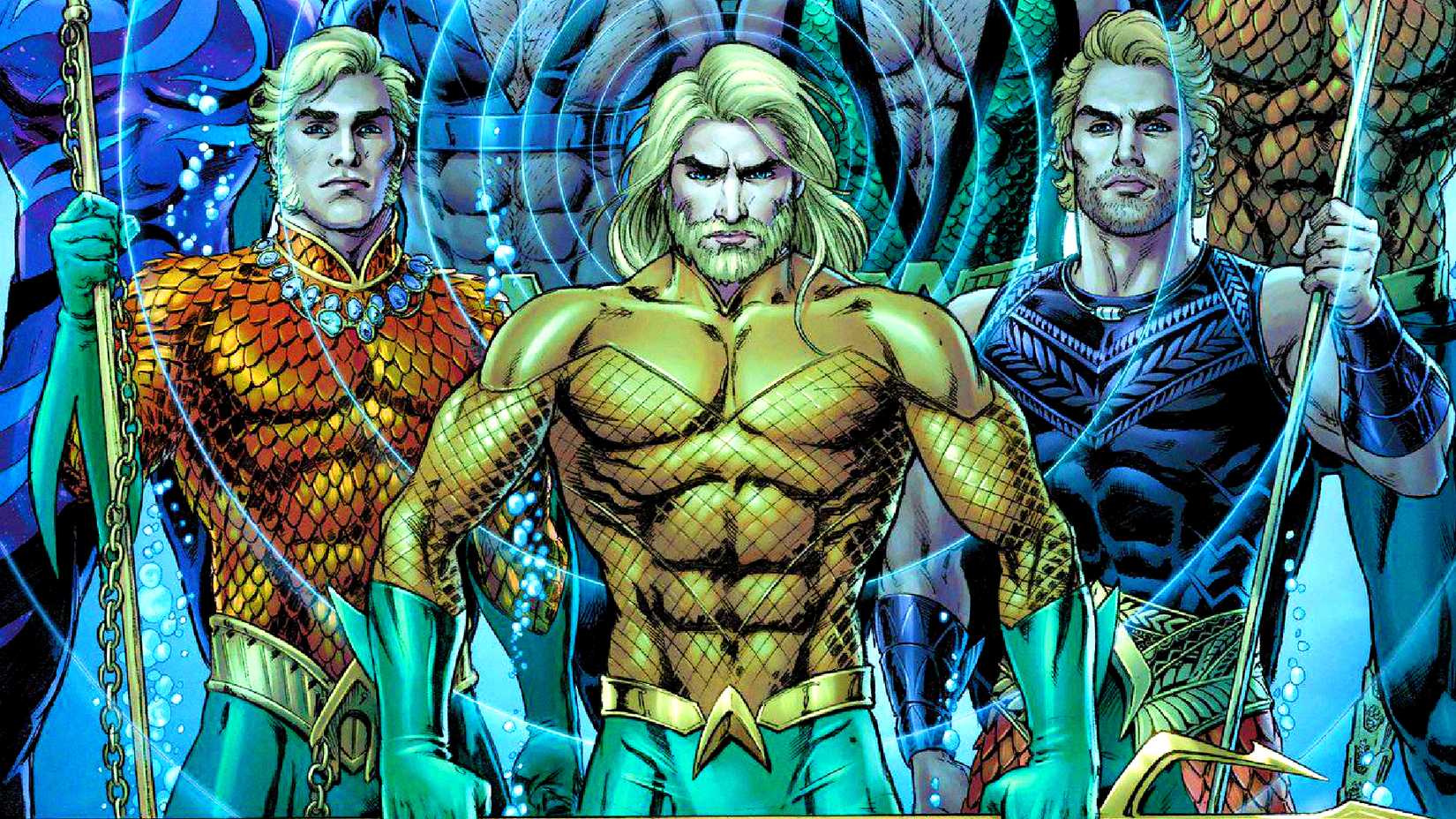 Arthur Curry aka Aquaman wears his many different DC Comics costumes