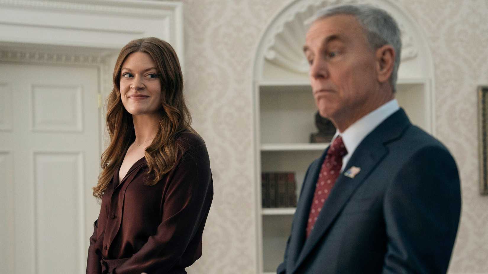 ashley barrett looking at president steven calhoun with a smile in the boys season 5