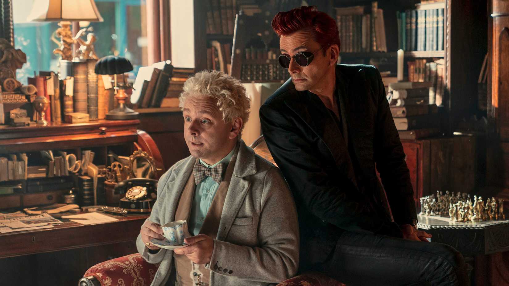 aziraphale and crowley at the bookshop in good omens season 2
