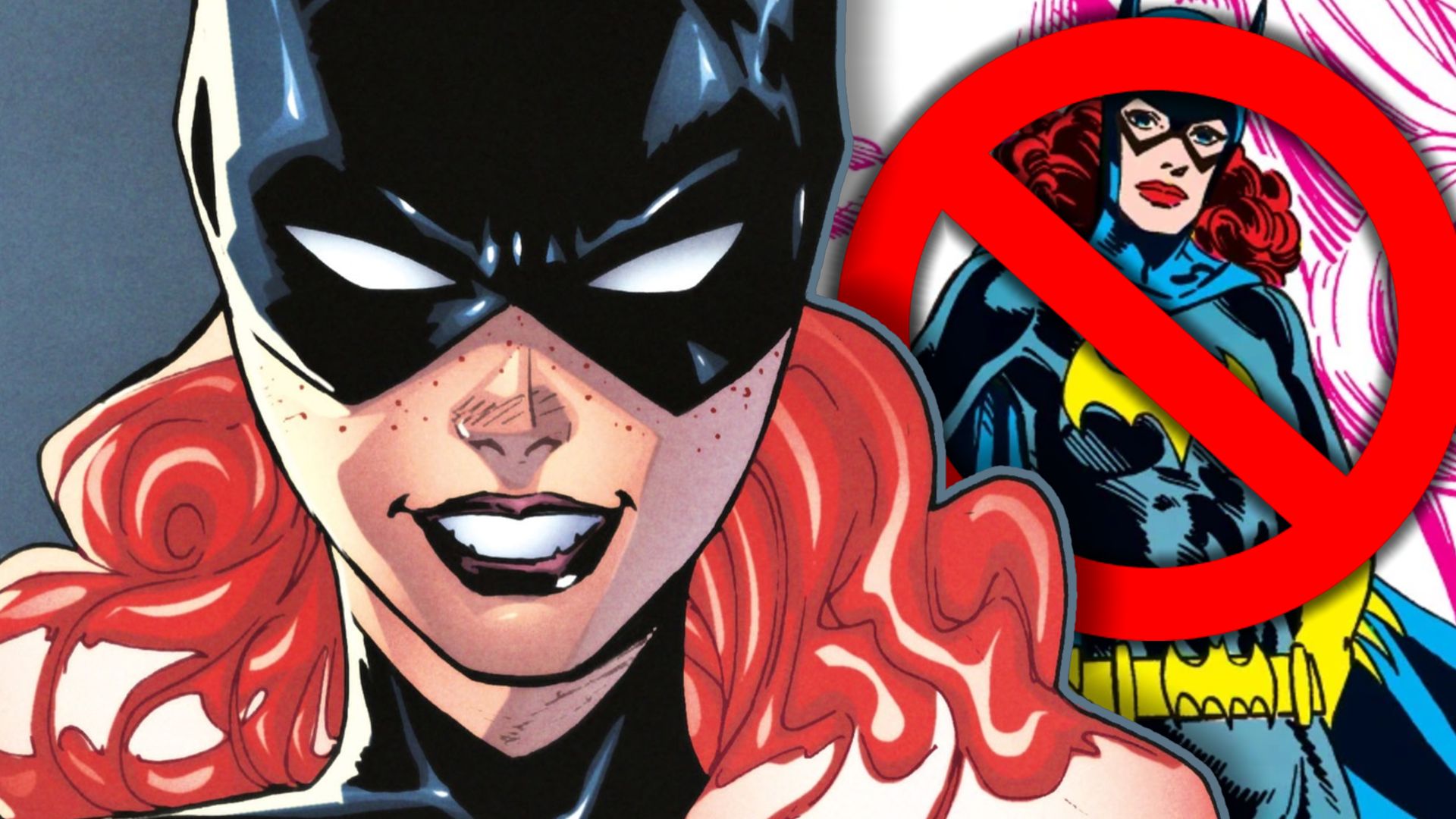 batgirl grinning with her classic design in a 'no' sign behind
