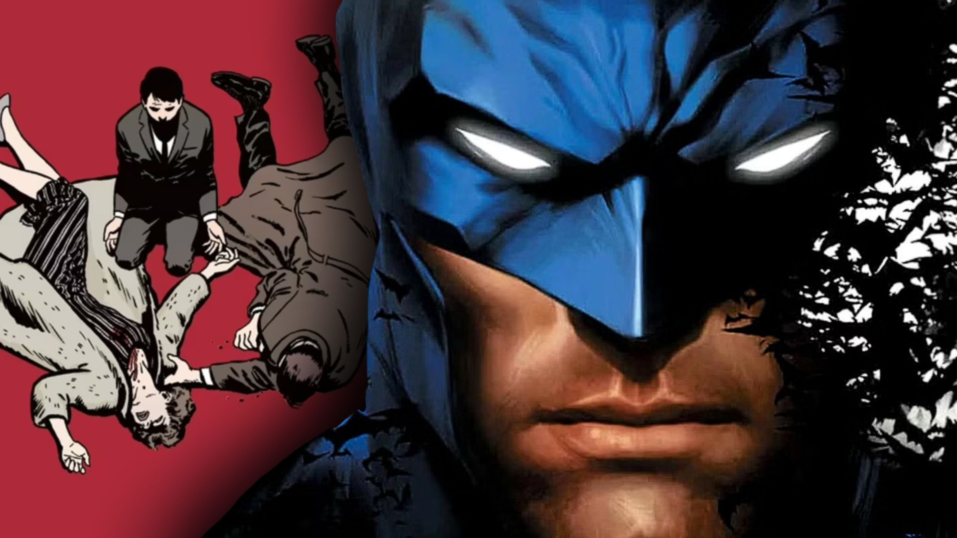 BATMAN IN FOREGROUND AND HIS ORIGIN FROM YEAR ONE IN THE BACKGROUND