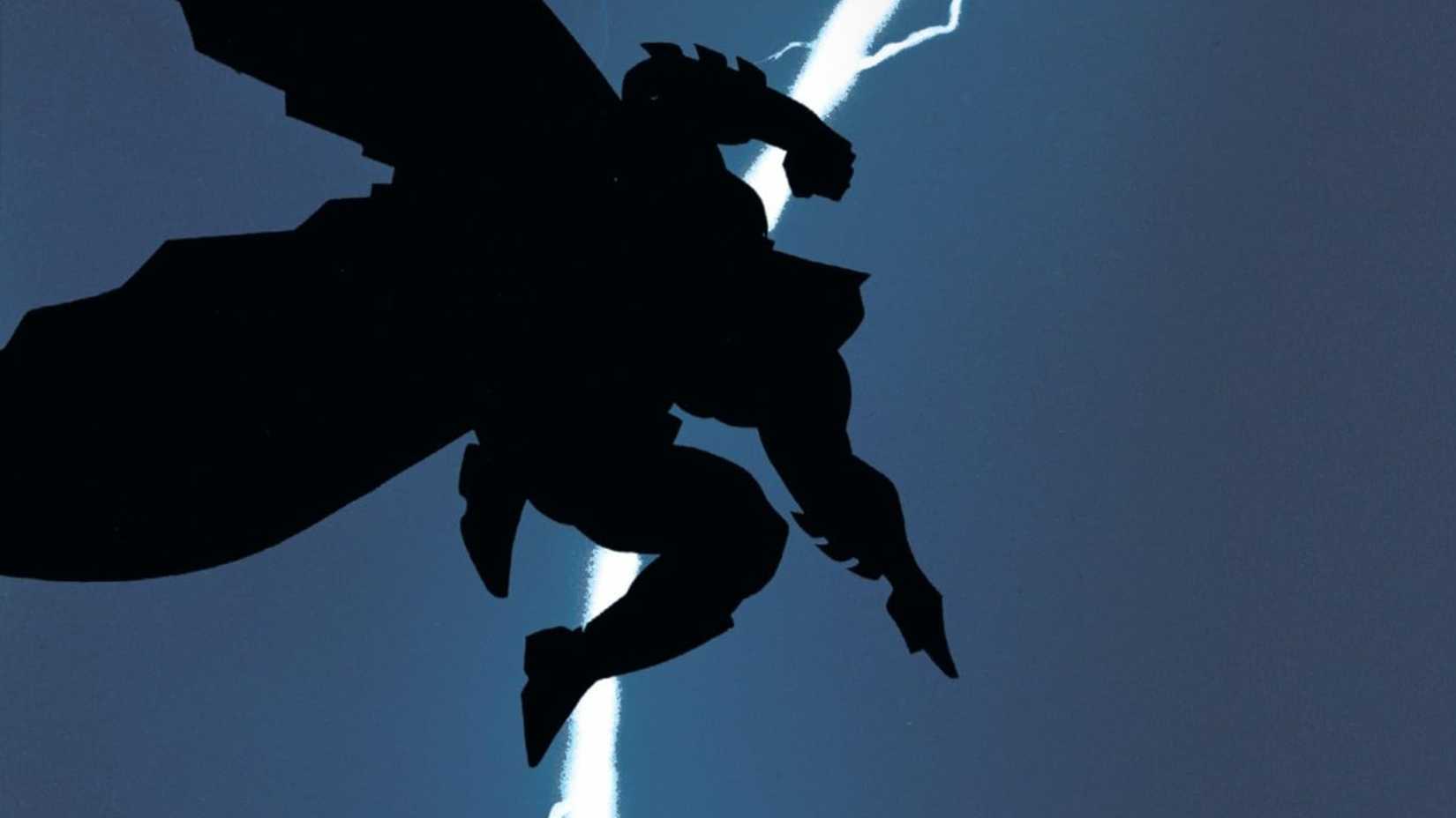 batman the dark knight returns iconic art showing batman against lightning