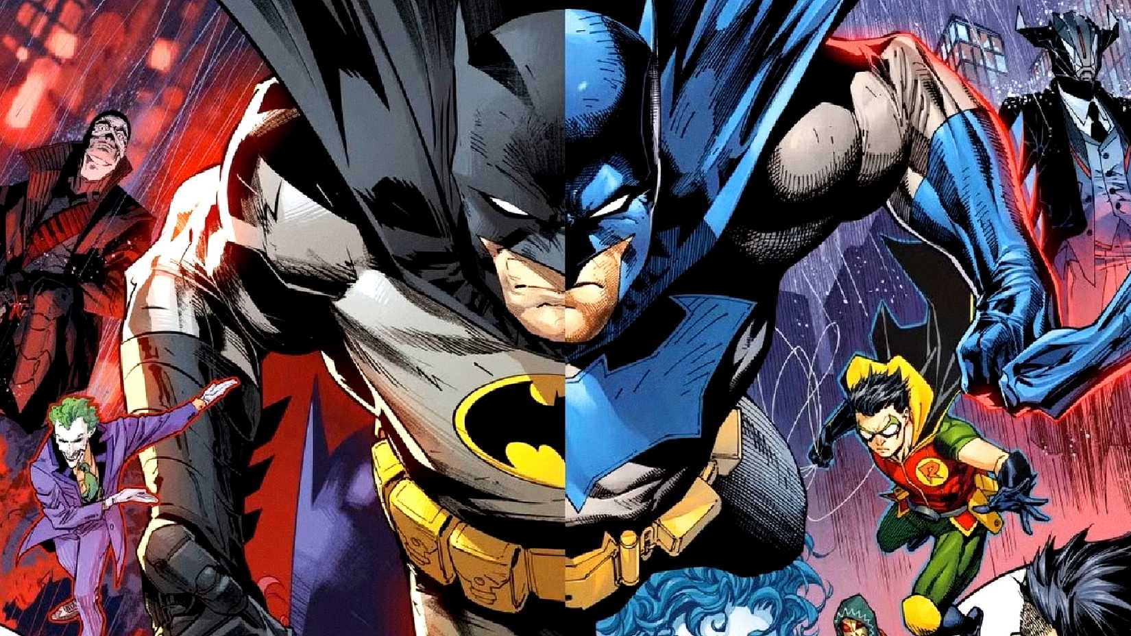 Batman wears his blue and black Batsuit costumes in front of his DC allies and villains