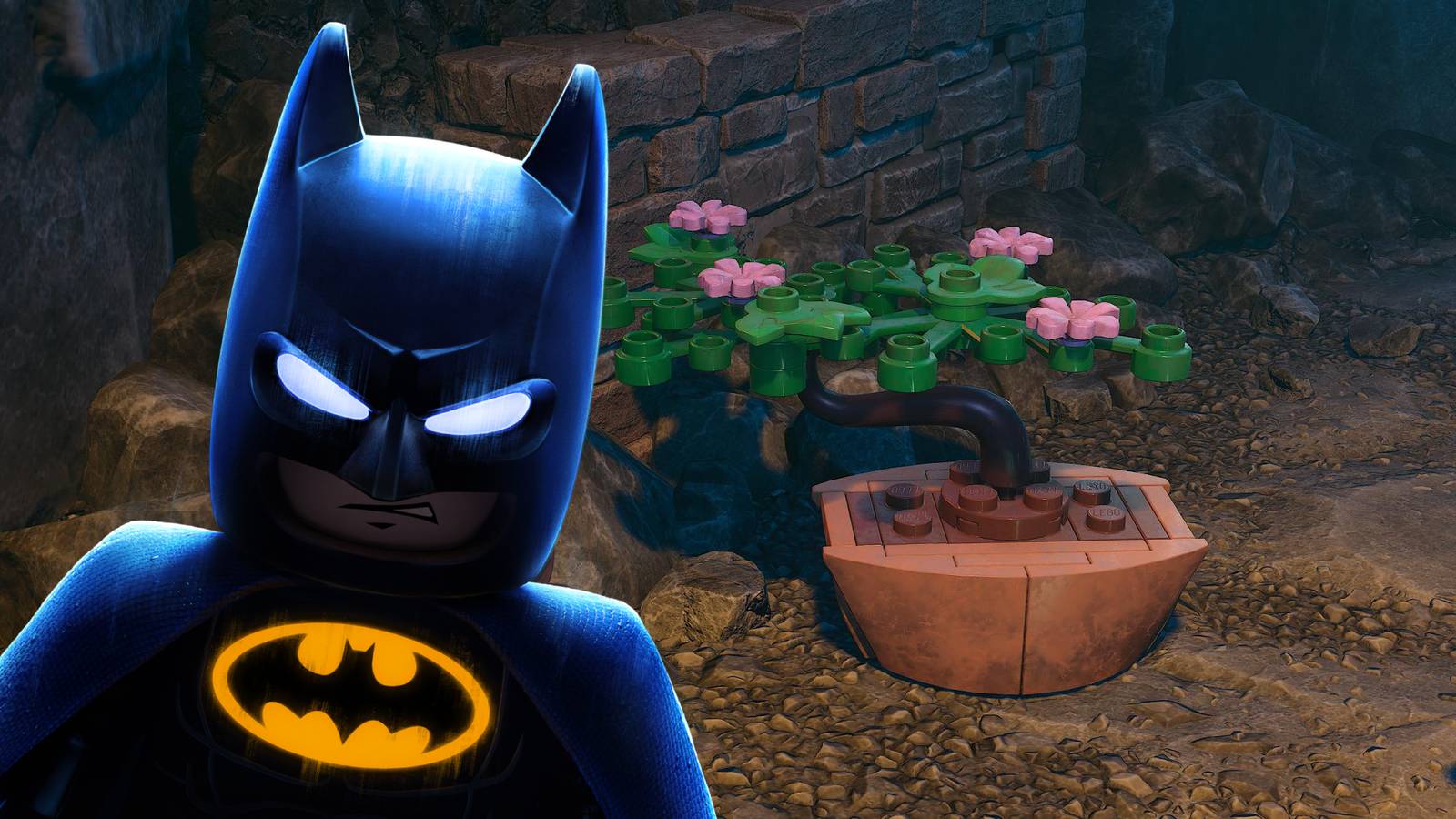 Batman with a bonsai tree in LEGO Batman_ Legacy of the Dark Knight.