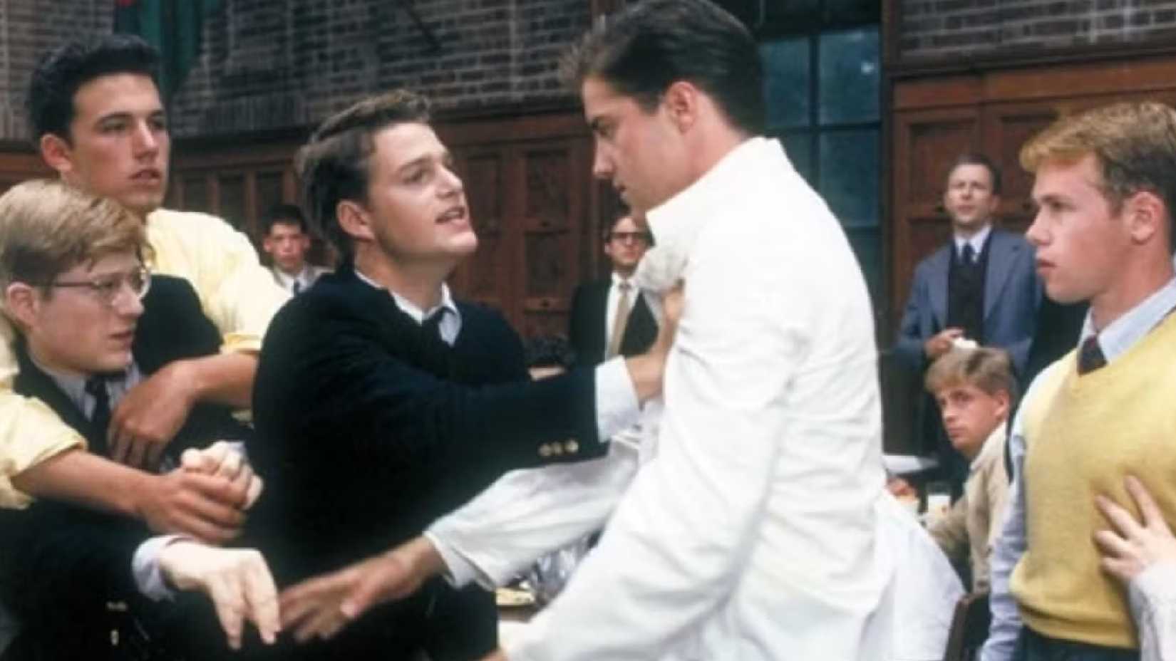 Brendan Fraser and Chris O'Donnell push each other with Ben Affleck in the background in School Ties
