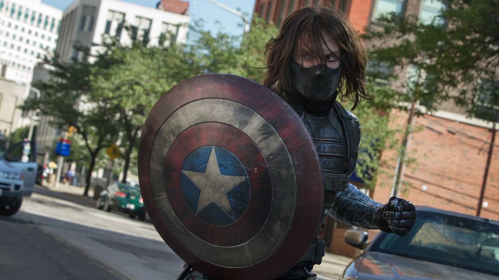Bucky with the shield in Captain America Winter Soldier