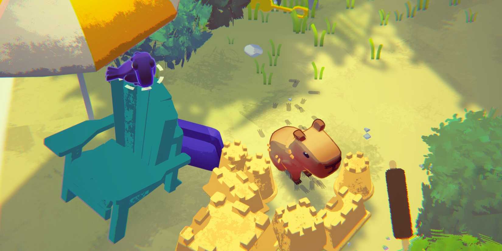 A capybara and a crow relax in Capy Castaway.