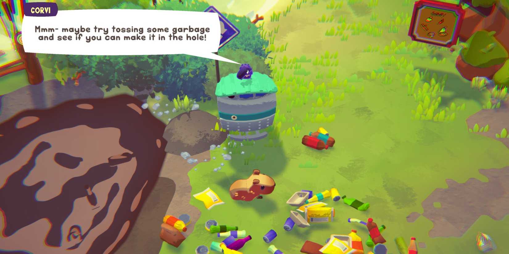 Corvi tells Capy to throw trash into the bin in Capy Castaway.
