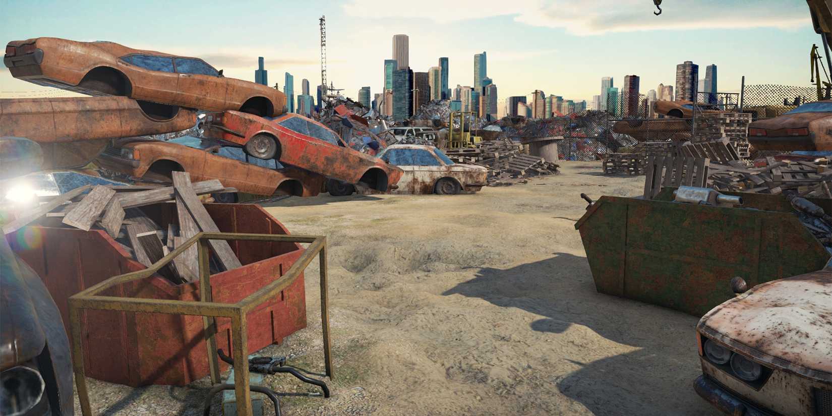 A junkyard in Car Mechanic Simulator 2018.
