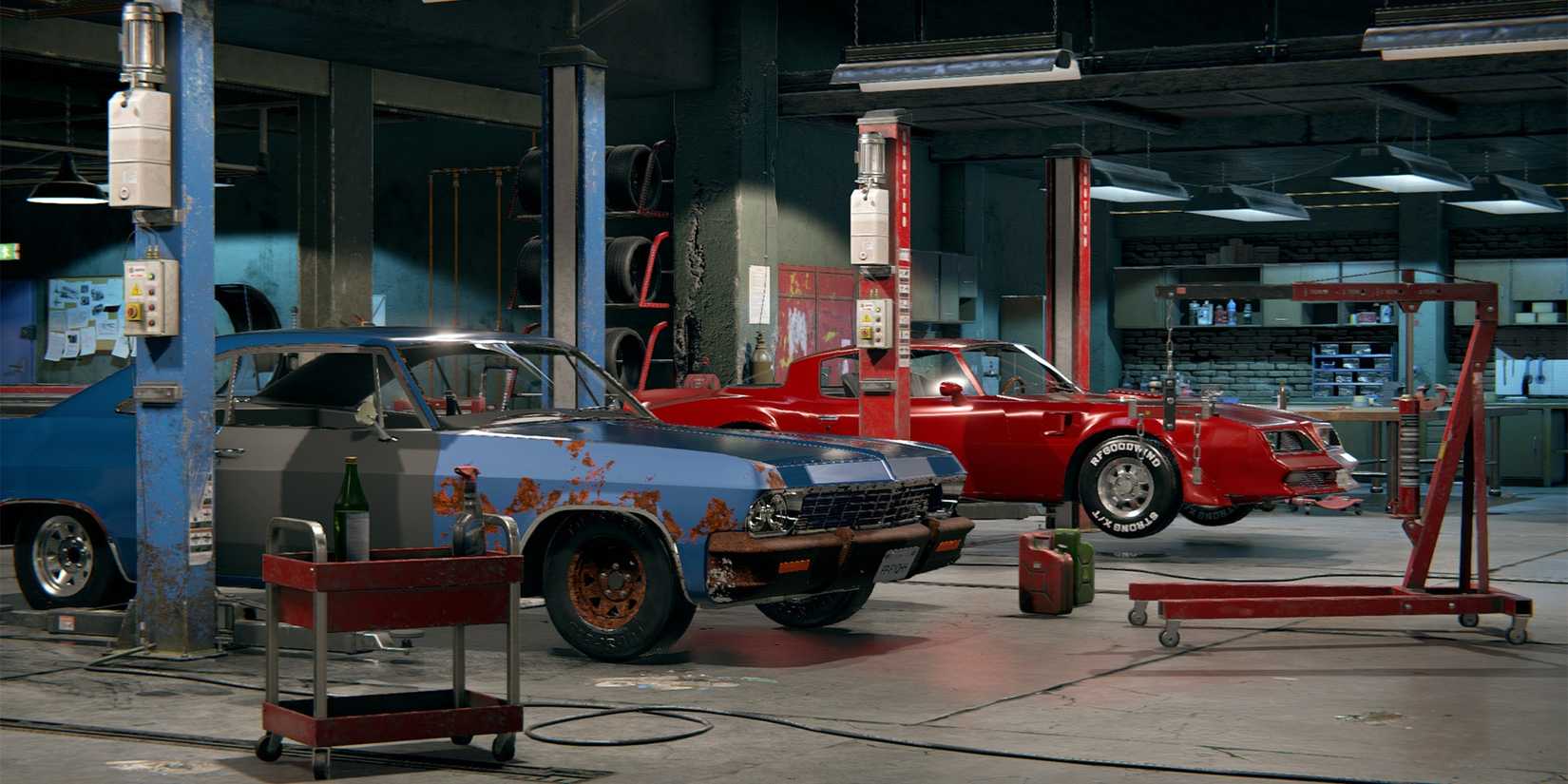Two cars are undergoing repairs in a workshop in Car Mechanic Simulator 2018.