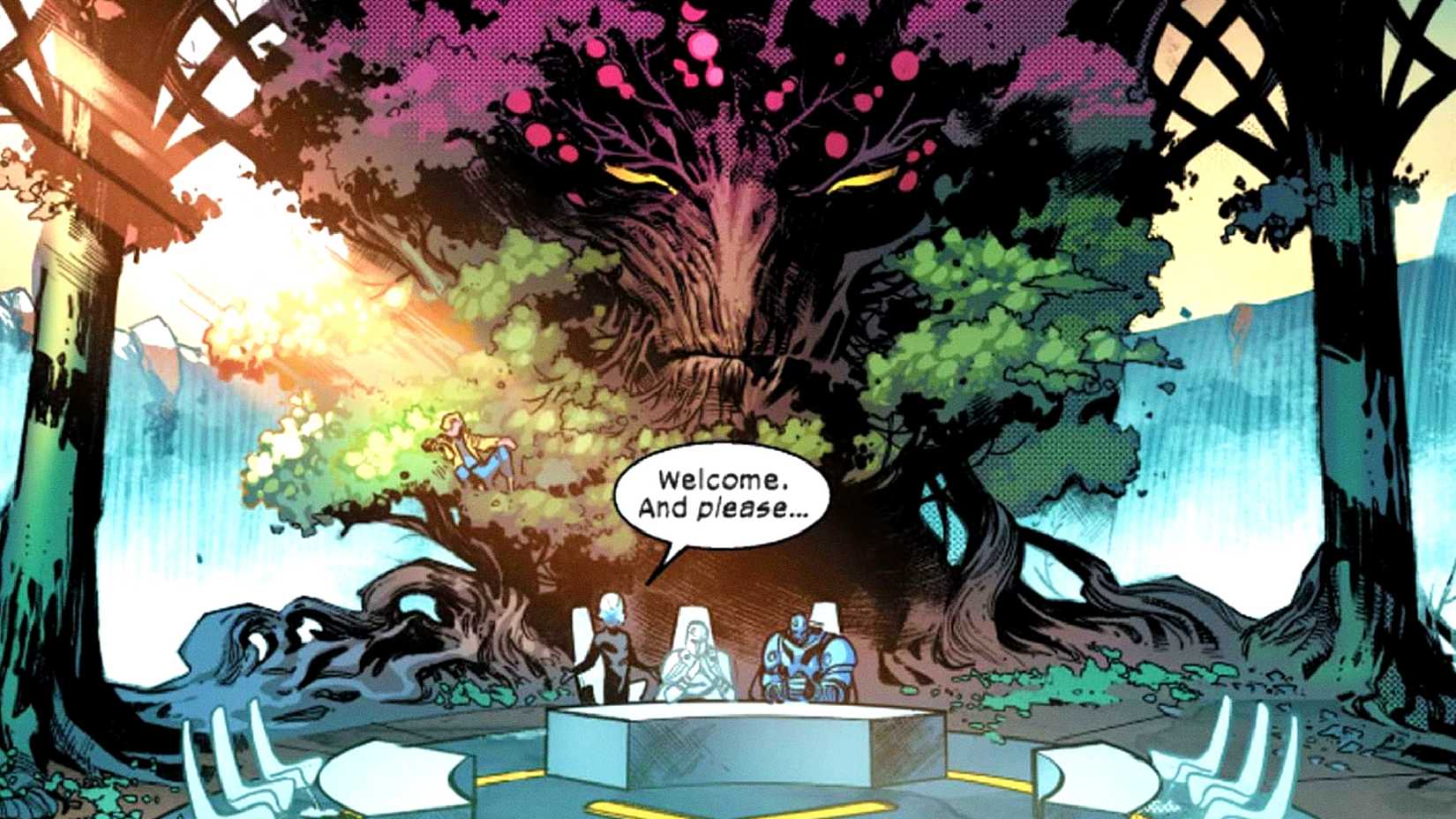 Charles Xavier, Magneto, and Apocalypse sit next to Krakoa in House of X