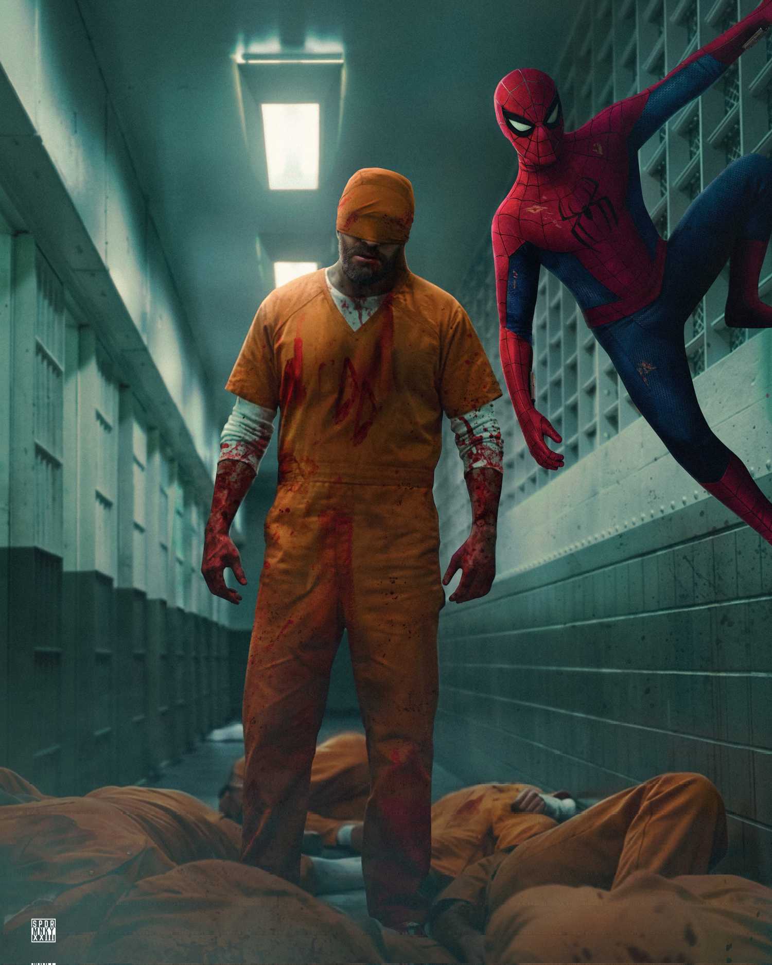 Charlie Cox como Demolidor e Tom Holland como Homem-Aranha em arte conceitual