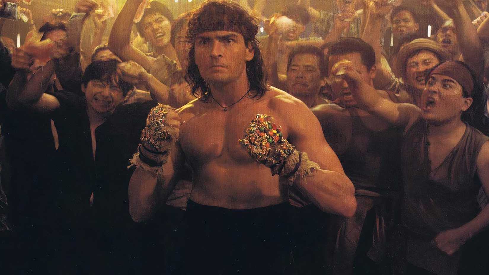 charlie sheen parodying a scene from kickboxer in hotshots part deux