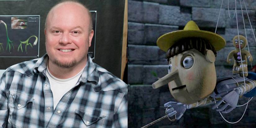cody cameron on a podcast side by side with pinocchio from shrek