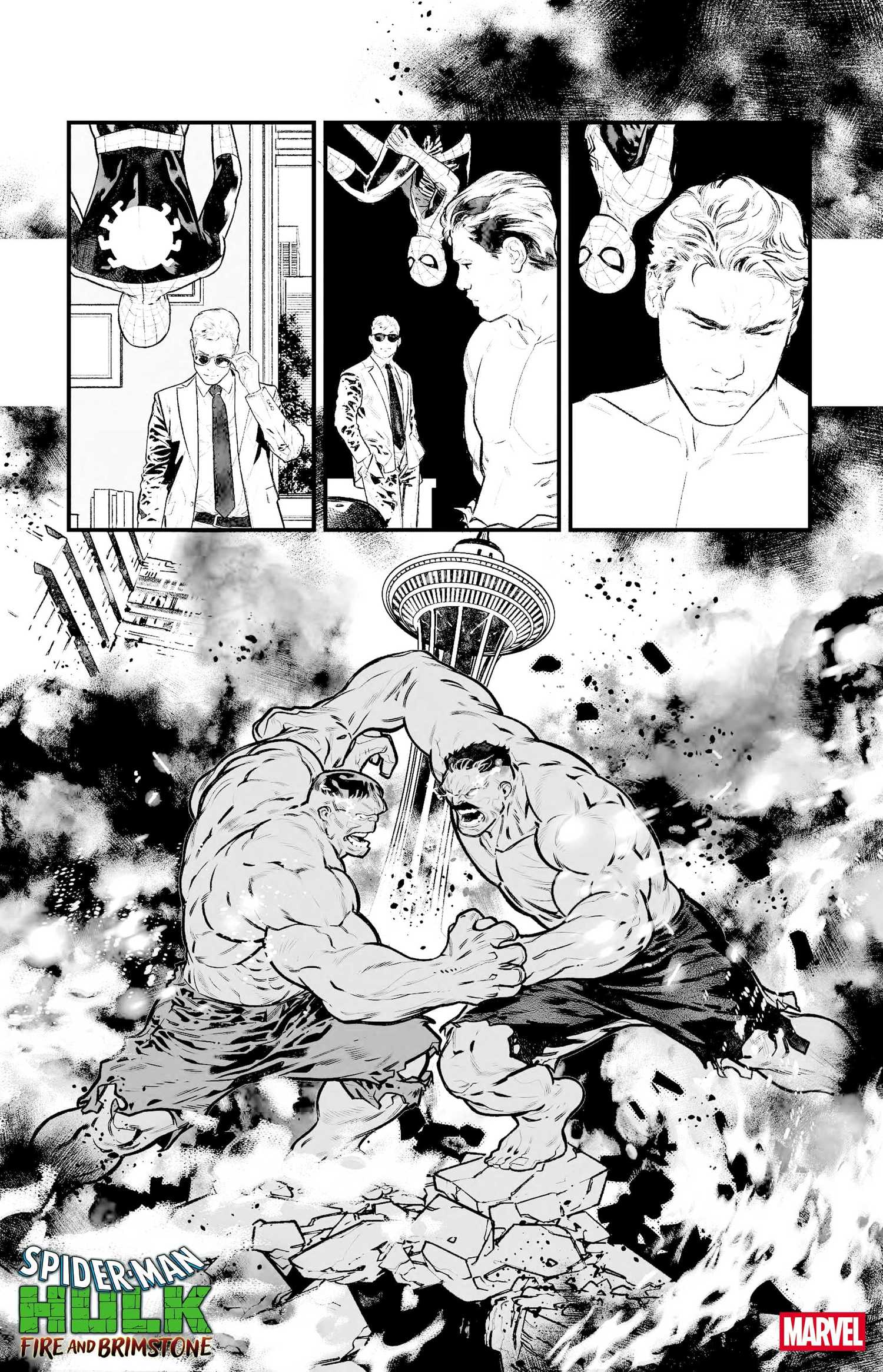 comic art from spider-man hulk fire and brimstone, showing hulk vs general maverick