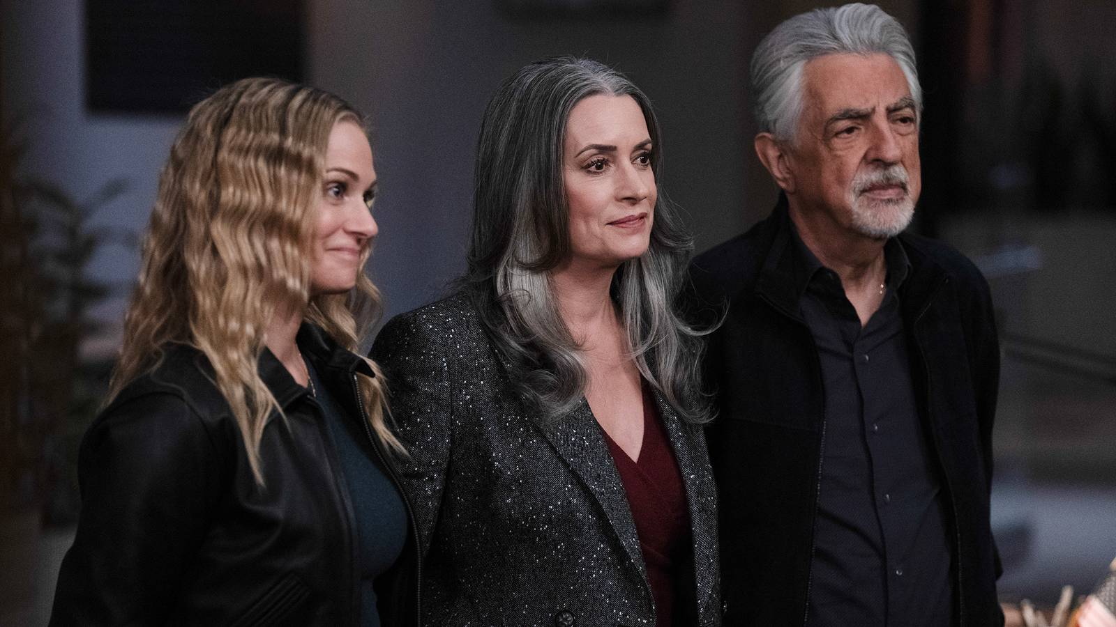 Criminal Minds Evolution still featuring JJ Jereau, Emily Prentiss, and David Rossi looking at someone ahead of them.