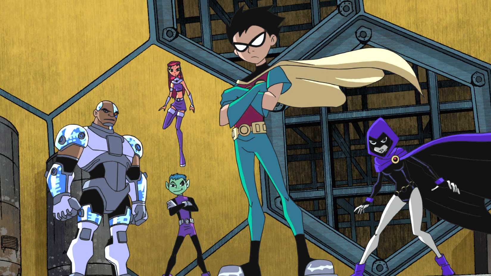 Cyborg, Starfire, Beast Boy, Robin, and Raven posing together in Teen Titans