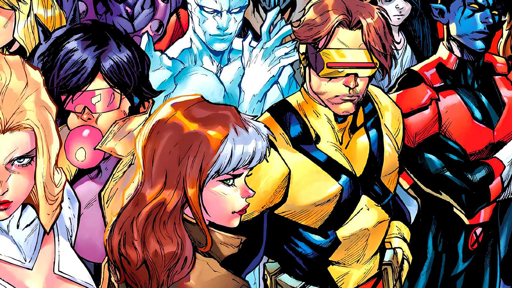 Cyclops and Rogue stand among other X-Men like Iceman and Jubilee in Marvel Comics