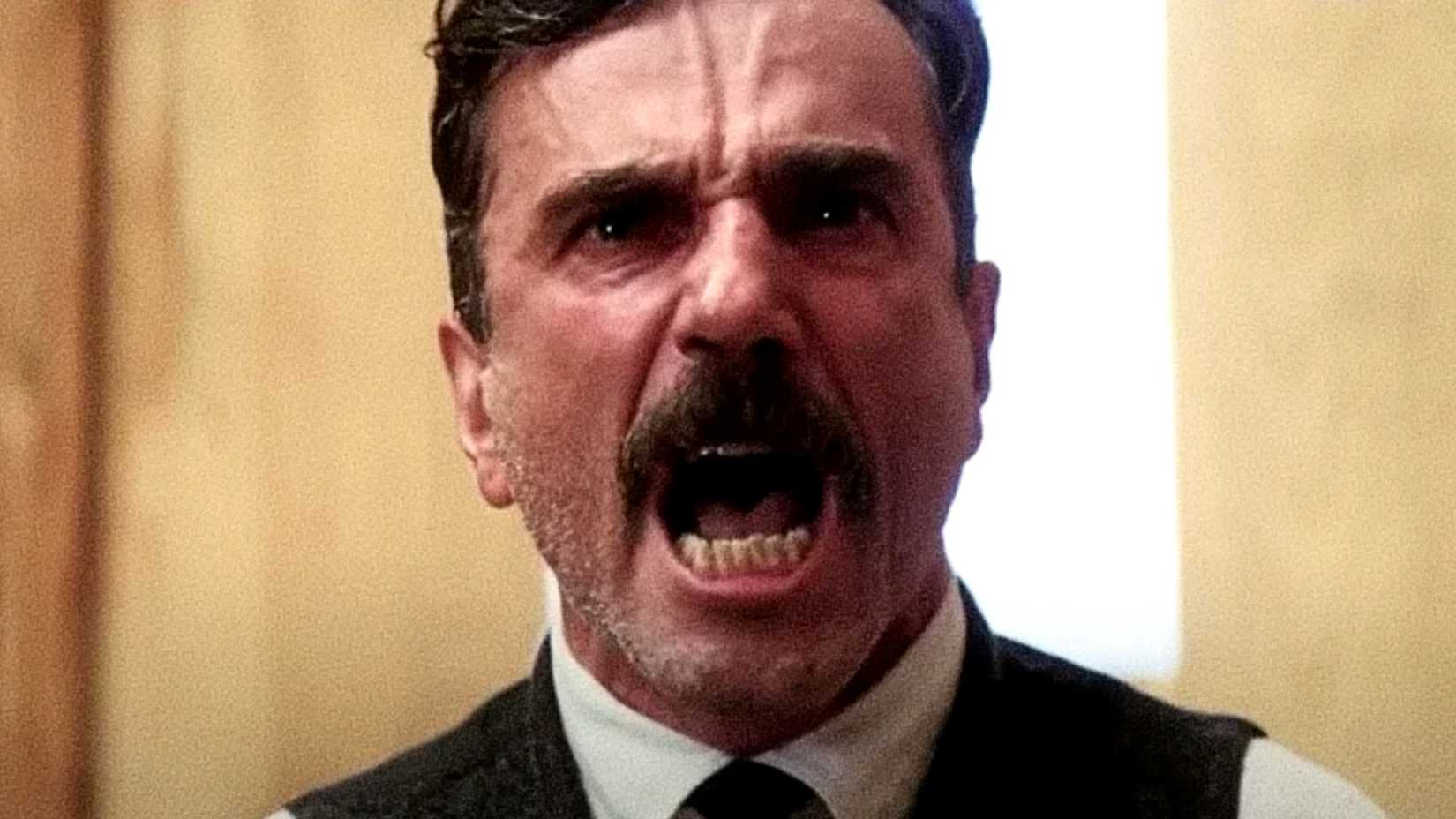 Daniel Day-Lewis' Daniel Plainview shouts in There Will Be Blood