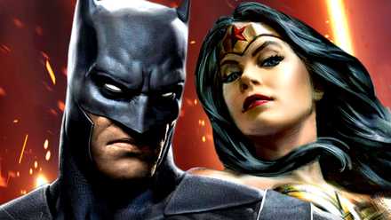 DC's Batman and Wonder Woman pose together on a bright red background
