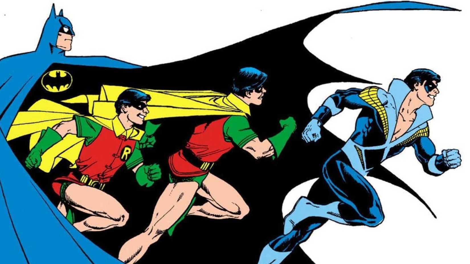 Dick Grayson though the stages of his life as Robin and Nightwing. Art by George Perez.