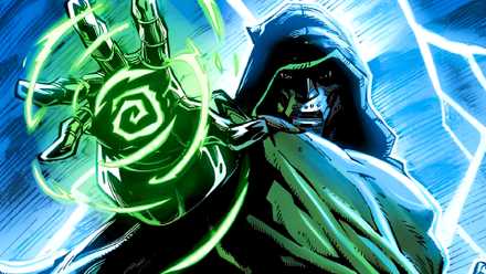 Doctor Doom casts a green spell during a thunderstorm in Doomquest #1 cover