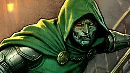 Doctor Doom climbs a staircase in Marvel's Doomquest comic cover