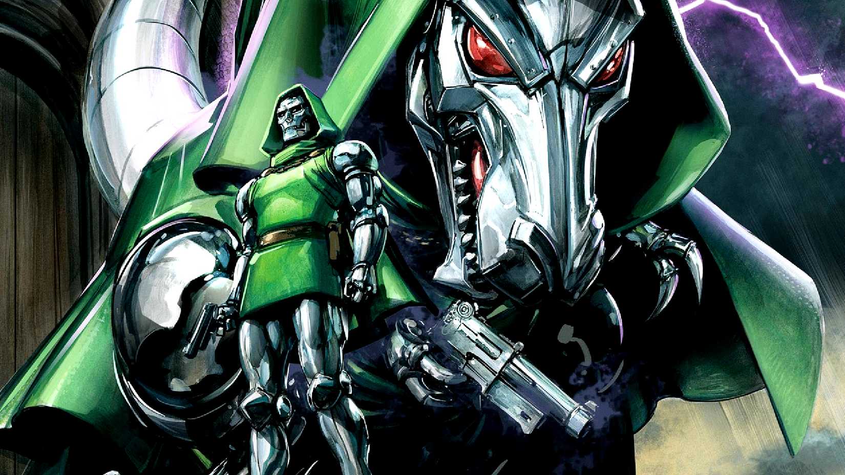 Doctor Doom stands next to his dinosaur in Marvel Comics cover