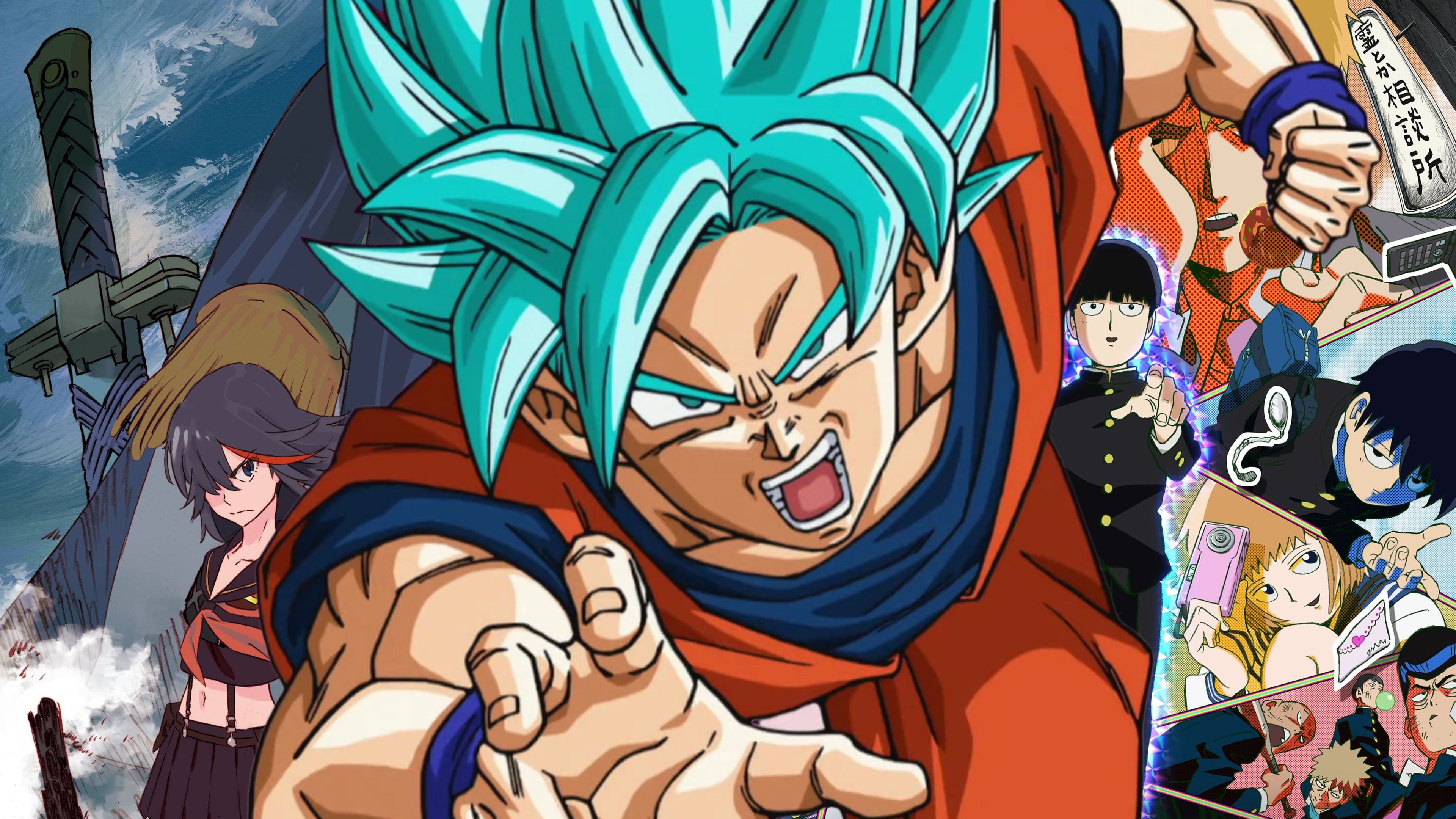 Feature header showing characters from Dragon Ball Super, Kill la Kill, and Mob Psycho 100